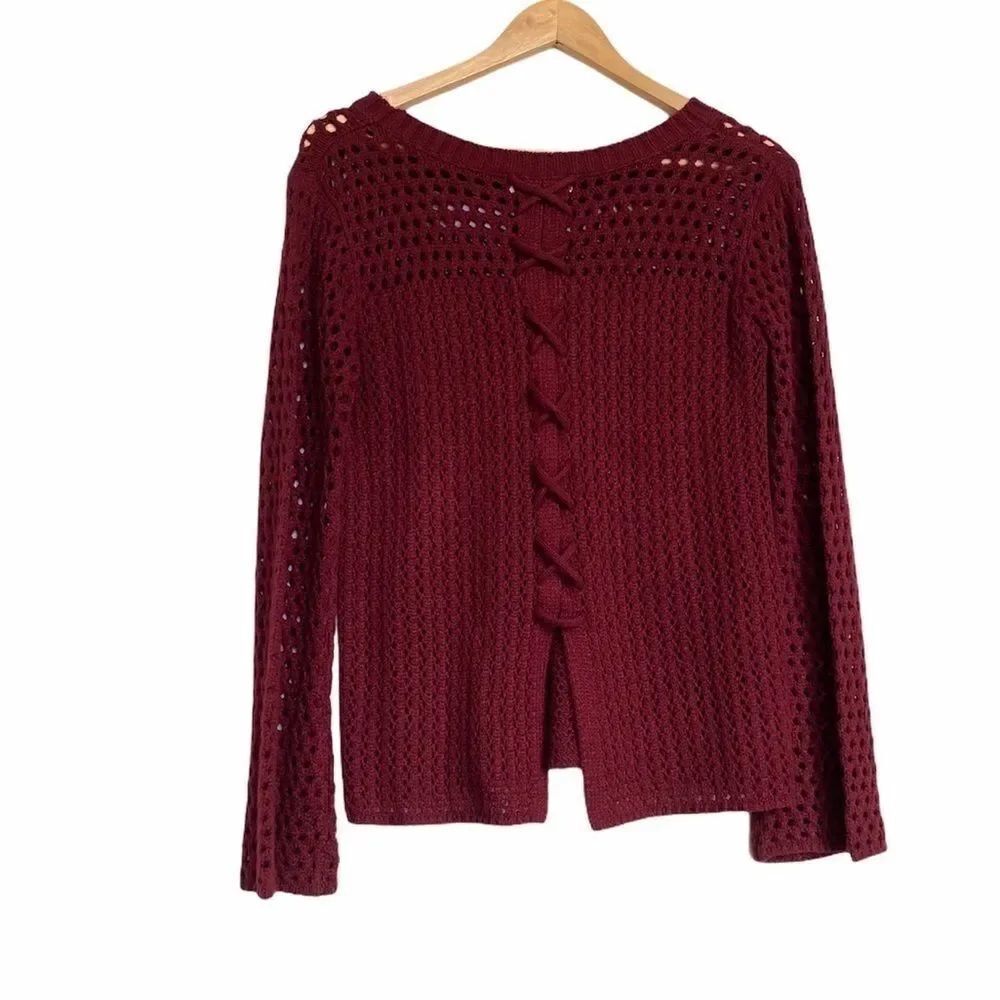 Flying Tomato Burgundy Open Knit Sweater Lace Up